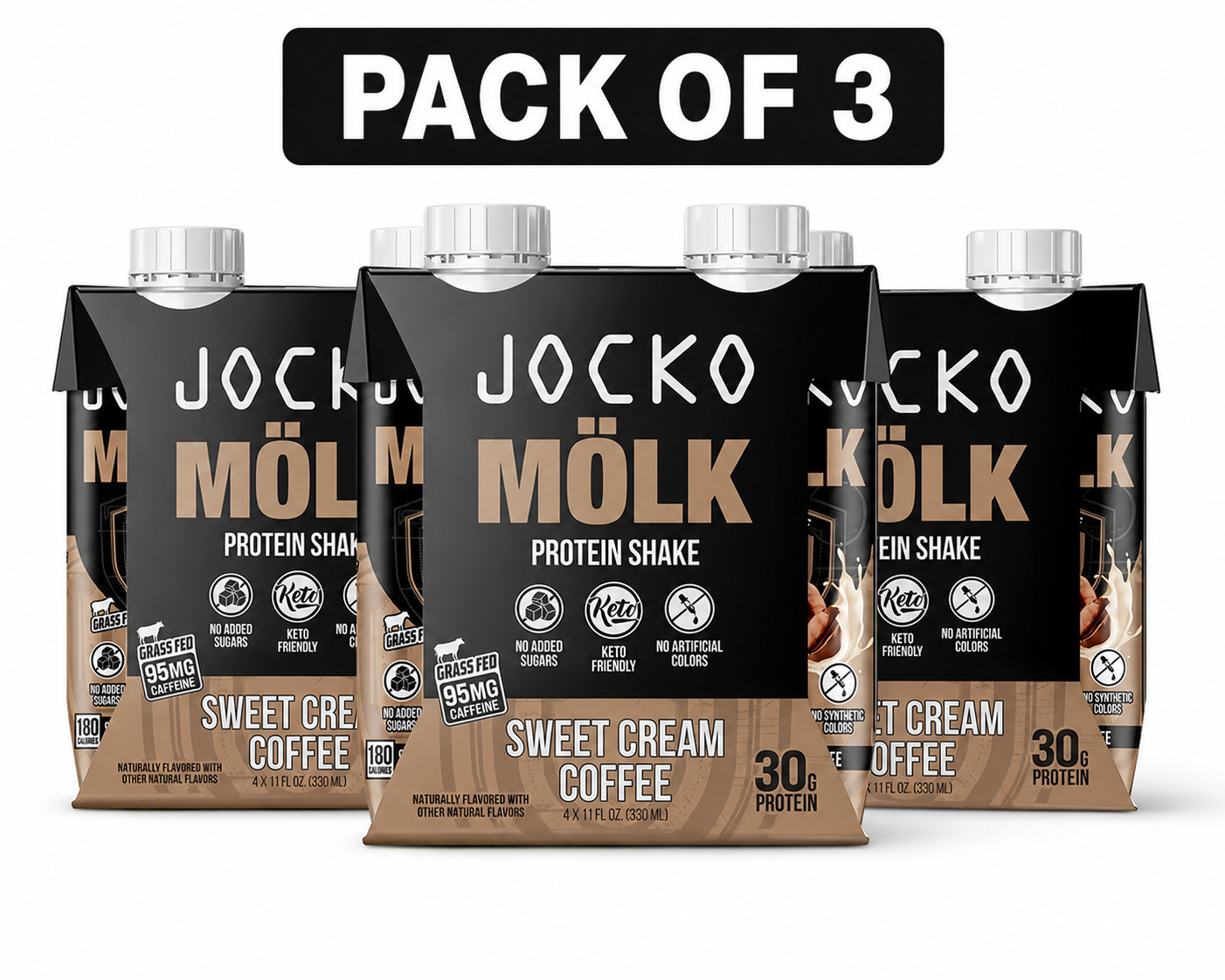 3 pack Jocko Fuel Protein Shake, Sweet Cream Coffee, 11oz, 4 Count, 30g Protein
