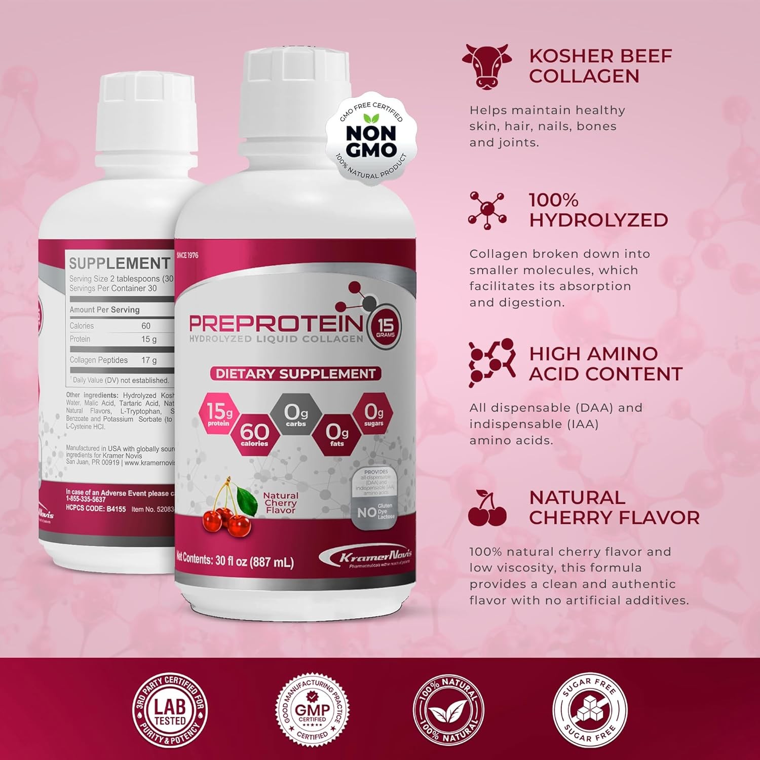 PreProtein 15 Liquid Hydrolyzed Collagen Peptides-Sugar Free Cherry Flavor Drink