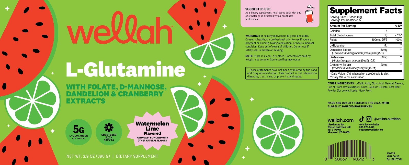 Wellah L-Glutamine Watermelon Lime Powder (50 Servings) – 5g L-Glutamine