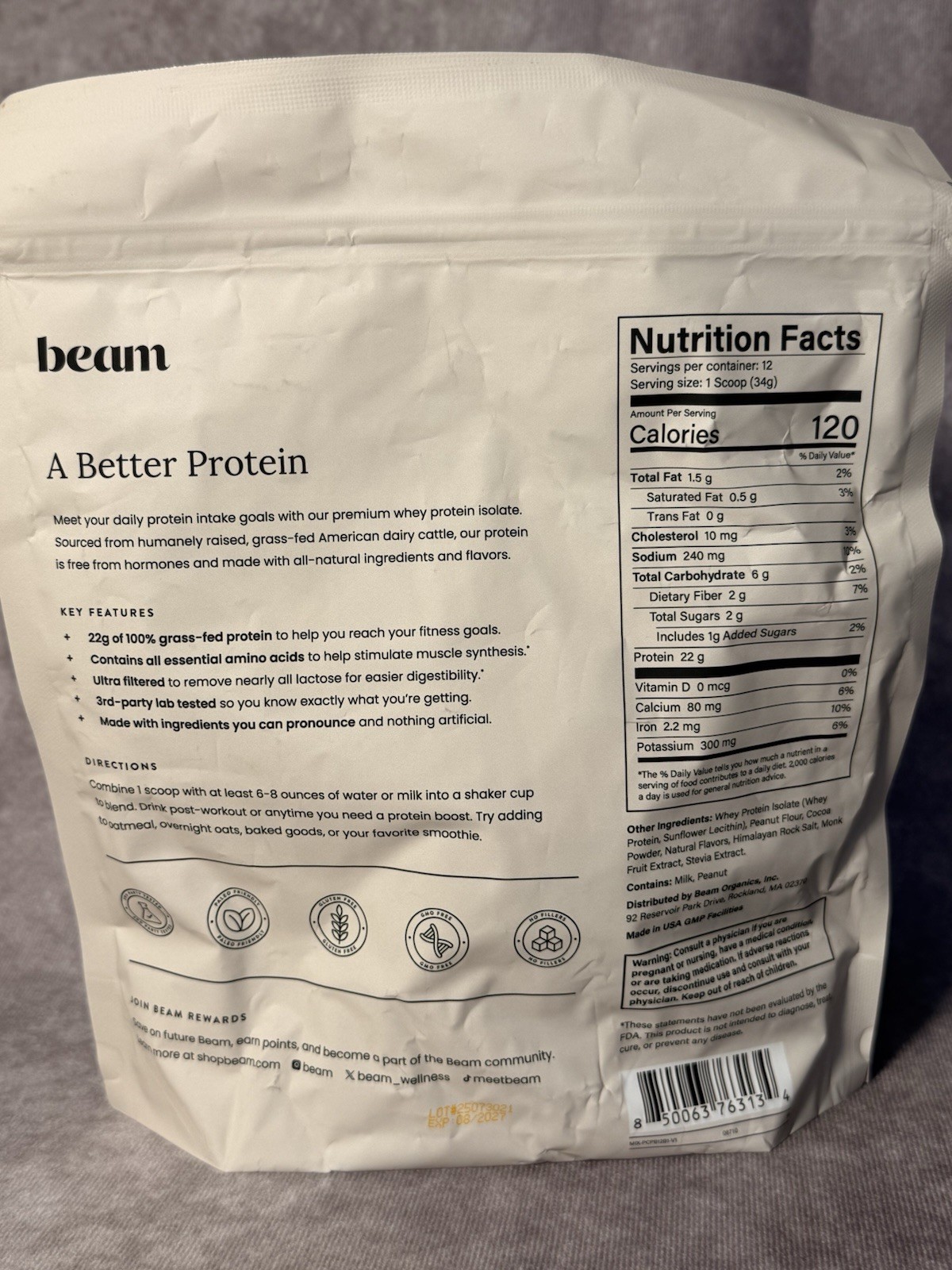 beam Grass-Fed Whey Protein Isolate Powder Chocolate Peanut Butter 14.39oz