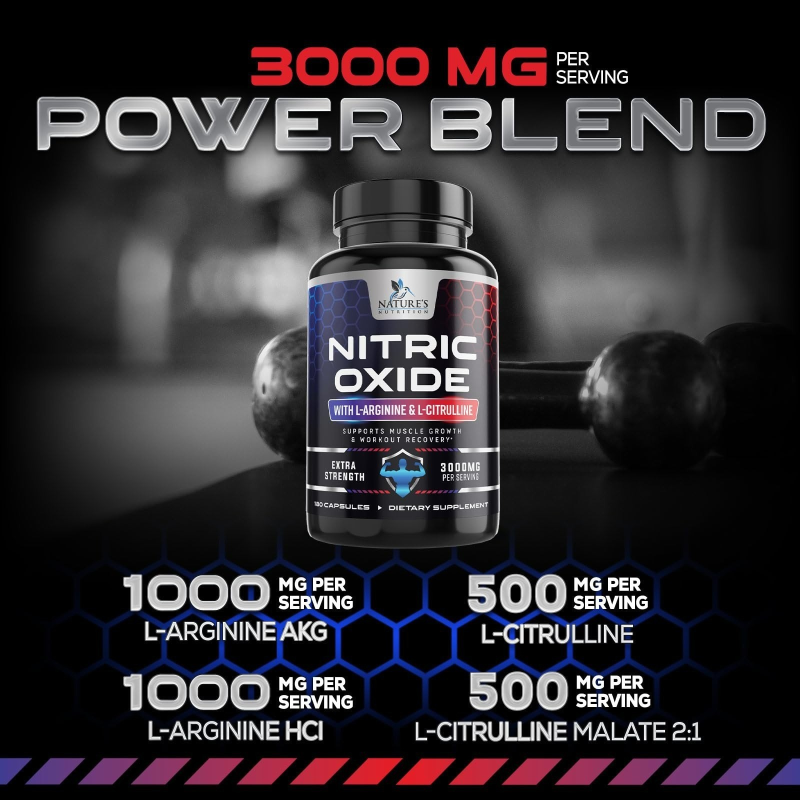 Nitric Oxide Booster Extra Strength – L-Arginine & Citrulline 180 Capsules