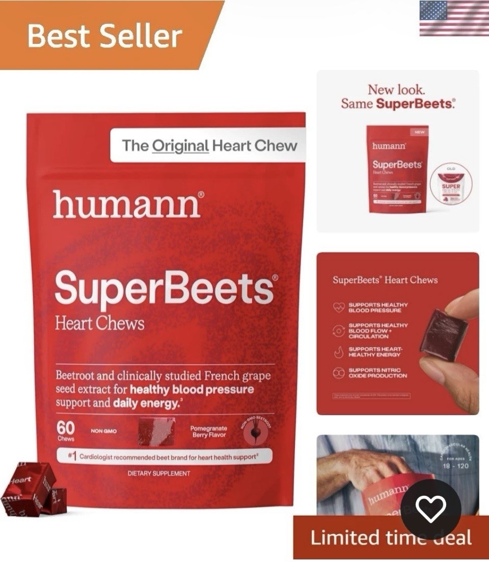 HumanN – SUPER BEETS Heart Chews, Pomegranate, 60 Count, New & Sealed, Exp 04/27