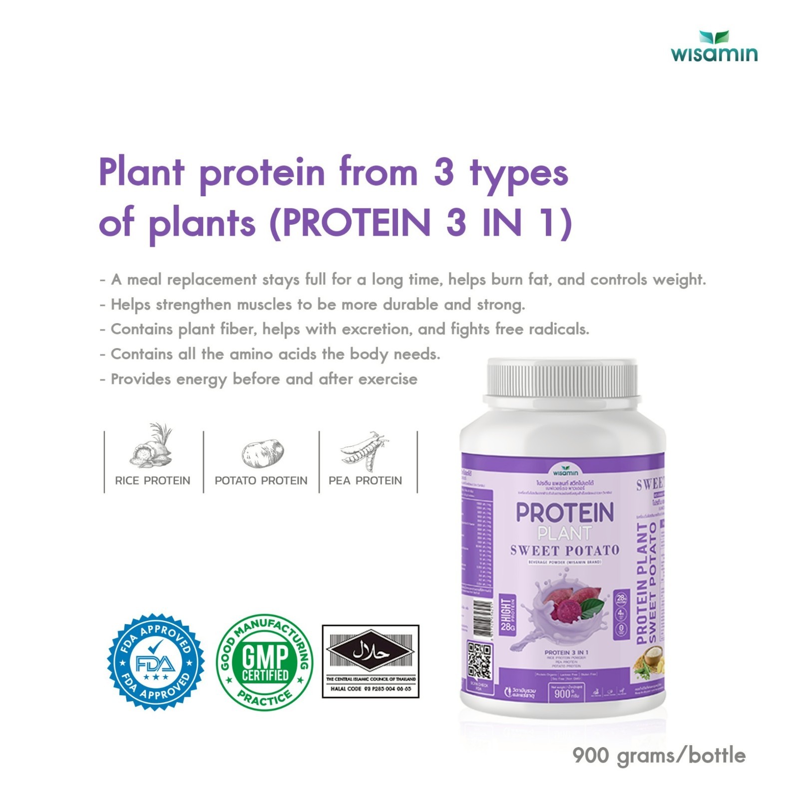 WISAMIN Plant Protein Sweet Potato Flavor 900g | 28g Protein, Organic, Non GMO