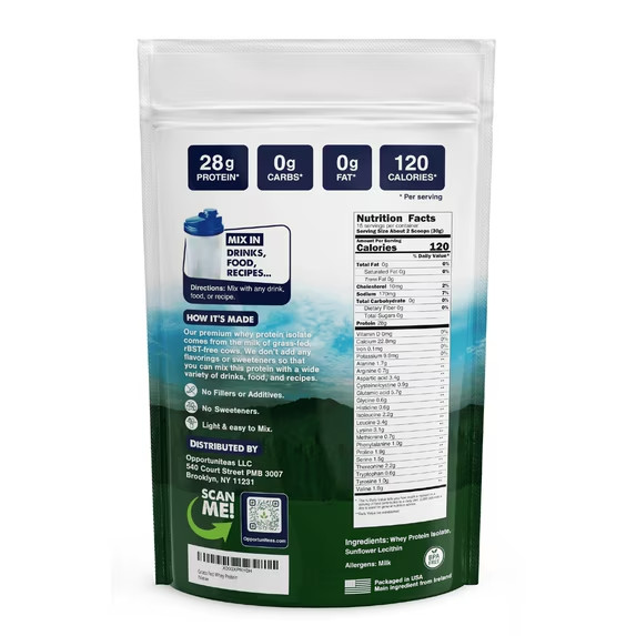 Grass Fed Whey Protein Powder – Unflavored, Heavy-Metal Tested, 28g Protein, 1lb
