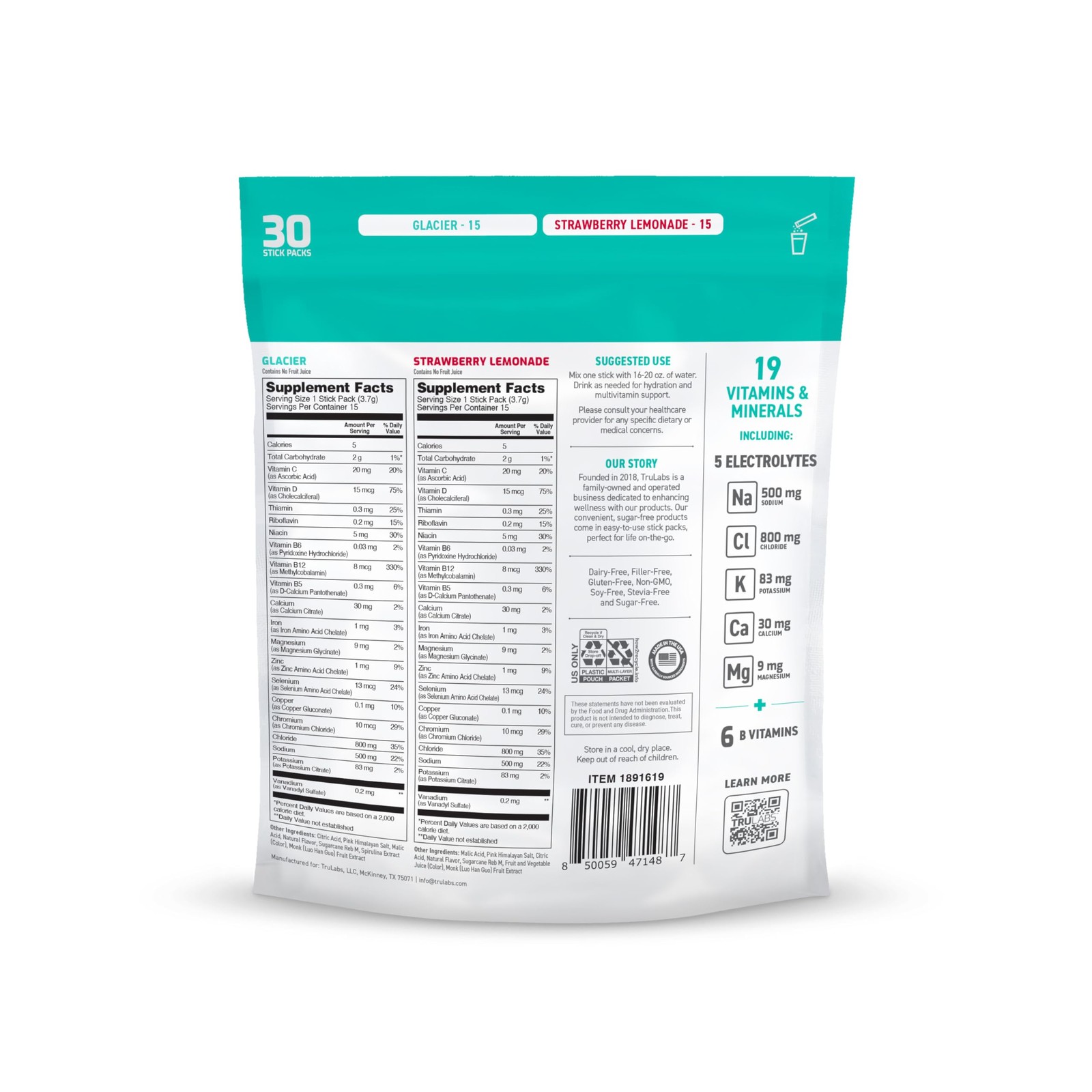 TRULABS Hydrate + Multivitamin 30ct – Glacier & Strawberry Lemonade – Sugar-Free