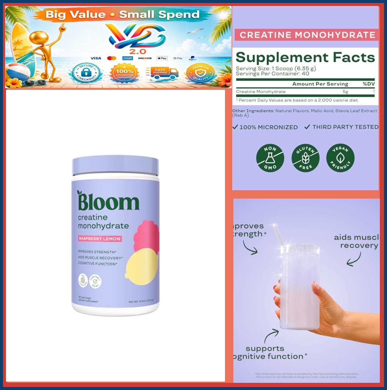 Creatine Monohydrate Powder Raspberry Lemon 40 Servings