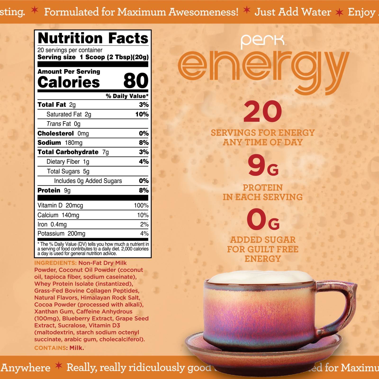 Perk Energy Original Vanilla Caramel Steamer Flavored Drink Powder (20 Servings)
