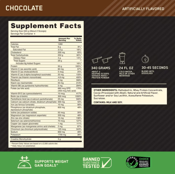 Optimum Nutrition Serious Mass Weight Gainer Protein Powder Chocolate 3 lb