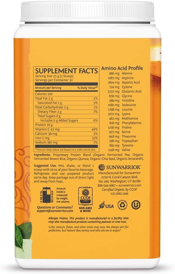 Sunwarrior Classic Plus Vegan Protein Powder Peas Brown Rice Raw Organic 1.7 lbs