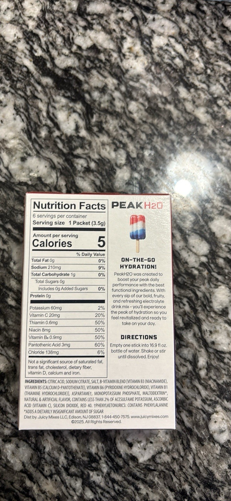 Peak H20 Ice Pop Electrolytes Powder Sugar-Free Hydration Packets 6 Sticks