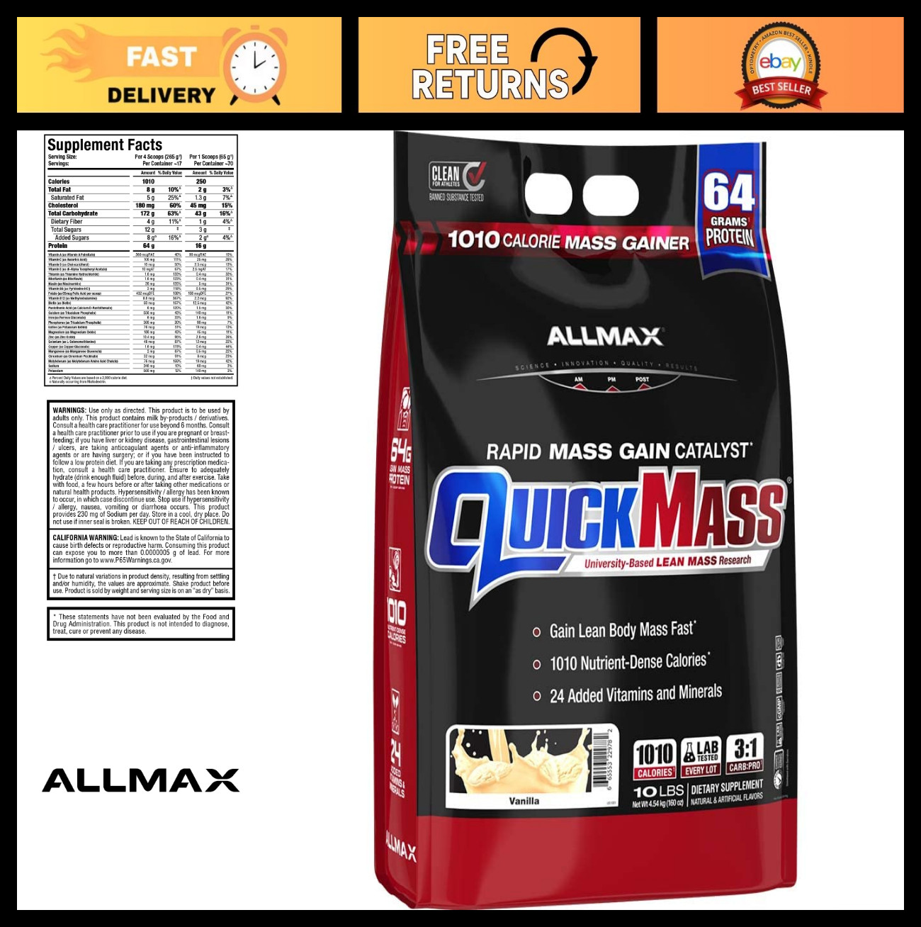 Mass Gainer Powder 10 lb Vanilla – High Protein, Muscle Builder, Weight Gain Sup