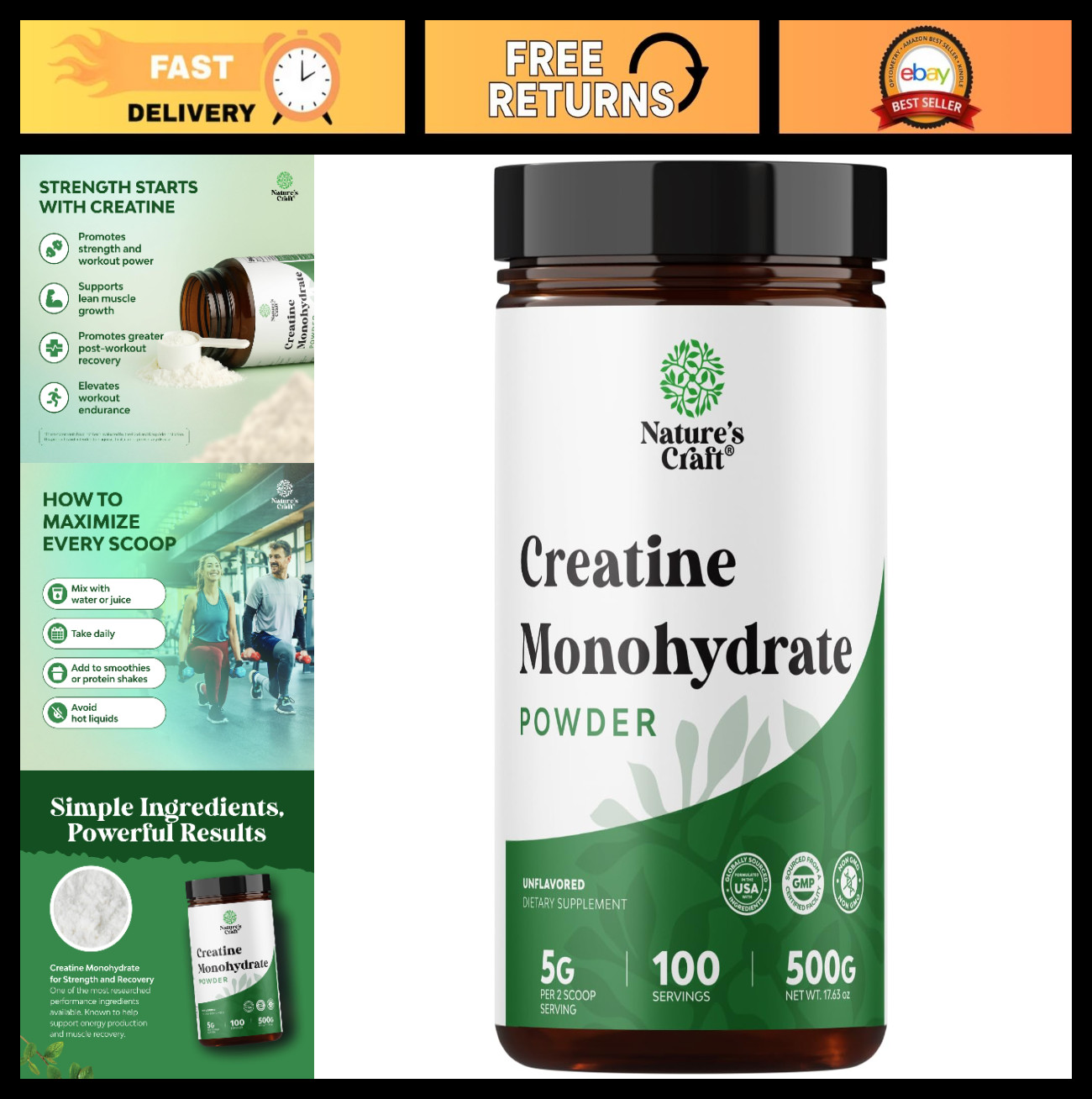 Pure Micronized Creatine Monohydrate Powder – Unflavored Muscle Growth & Recover