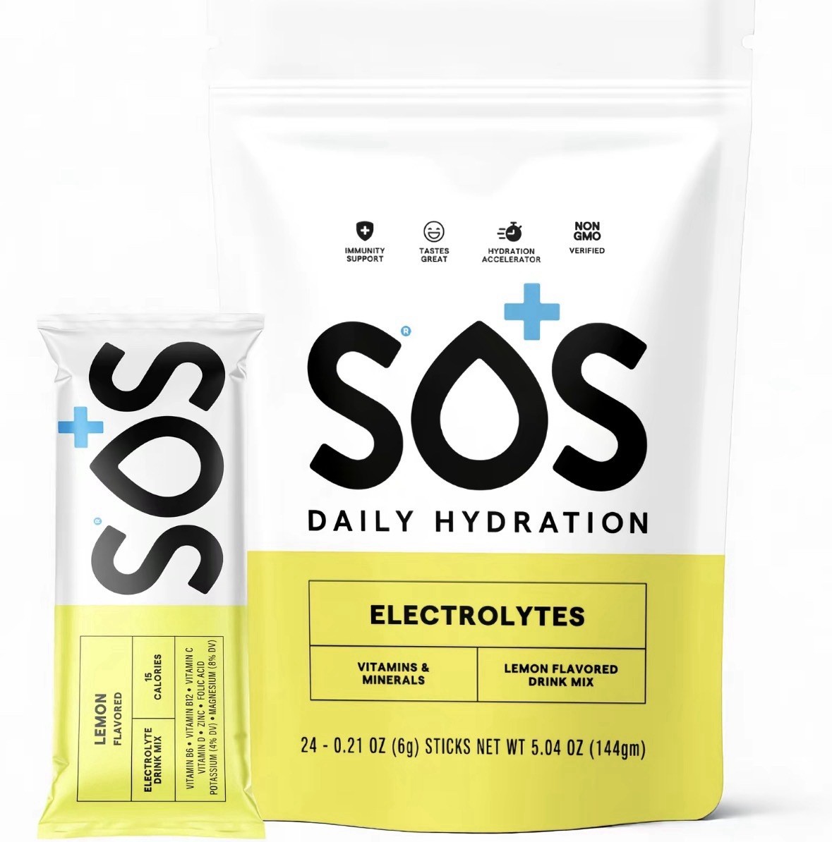SOS Lemon Electrolyte Drink Mix Powder Low Sugar Non-GMO 24 Sticks