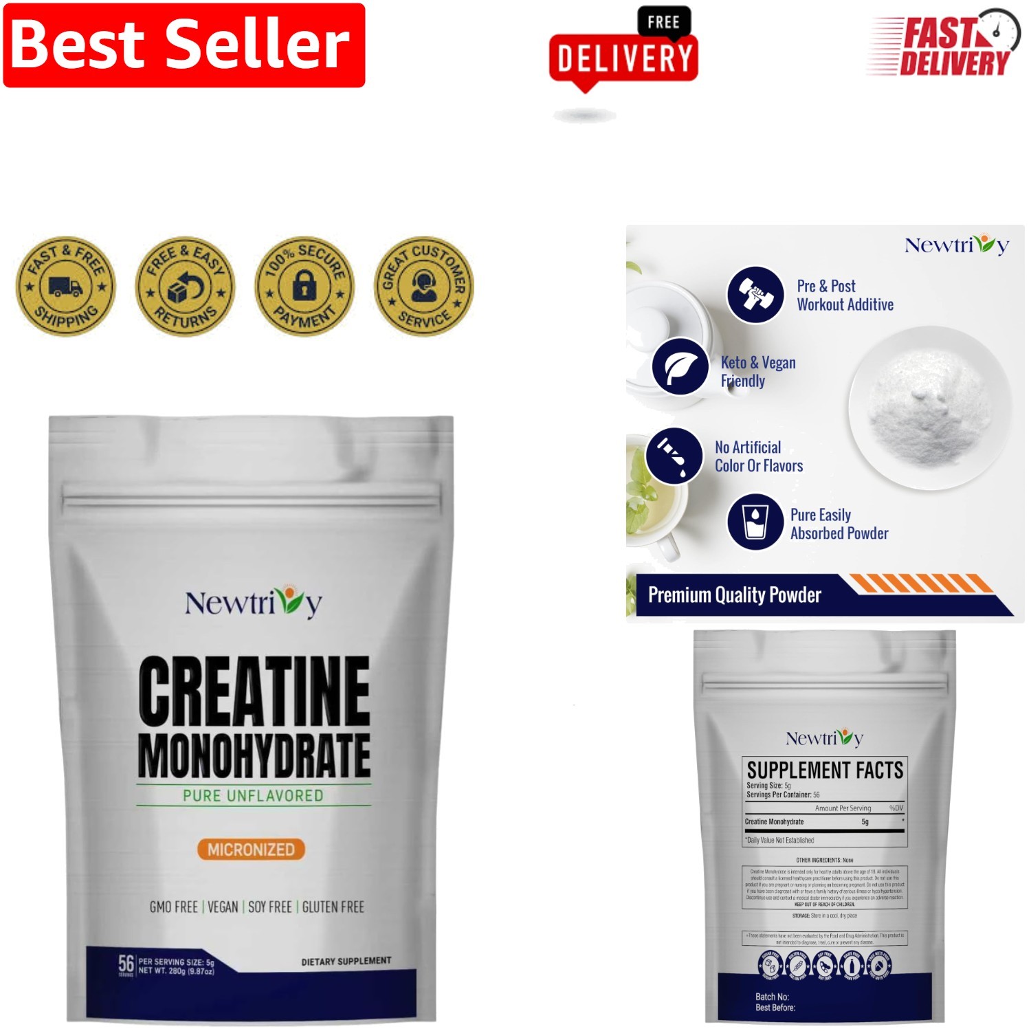 Creatine Monohydrate 280g – Unflavored, Kosher, Non-GMO for Enhanced Performance