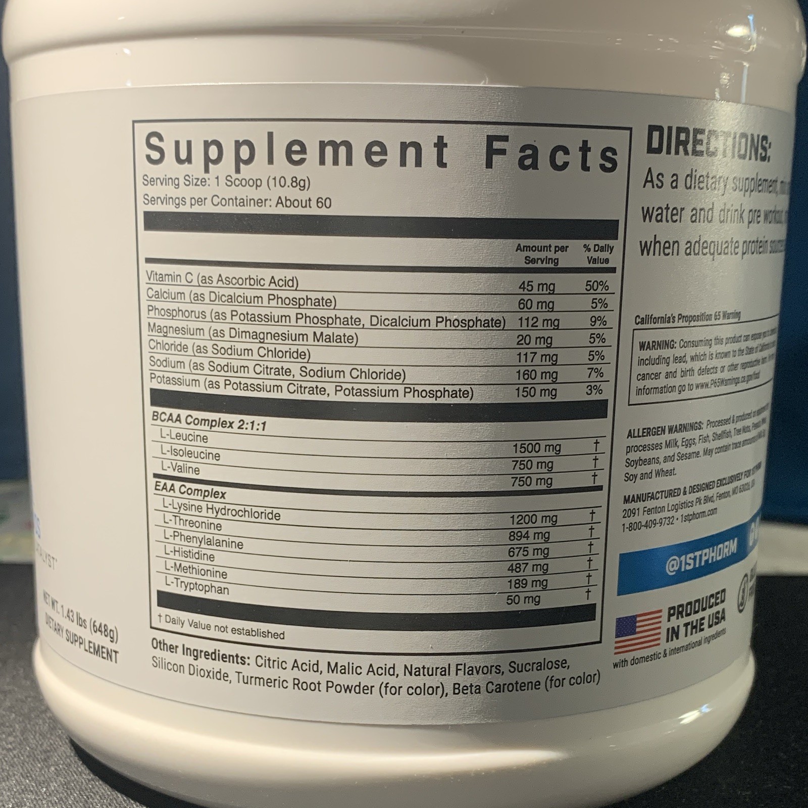 1st Phorm EAA Essential Amino Acids Powder Gluten-Free Tropical Mango 1.43lb