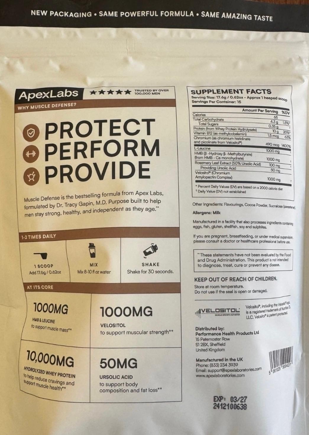 Muscle Defense Chocolate – ApexLabs 15 serv free fast shipping