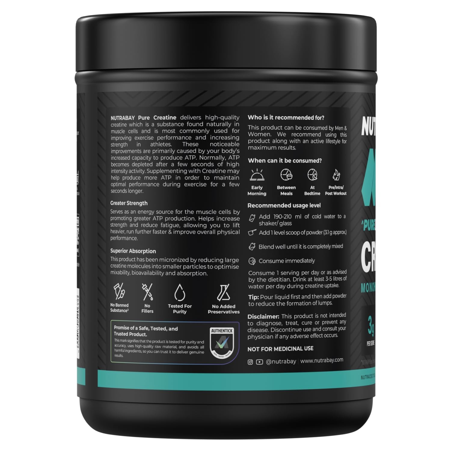 Nutrabay Pure Micronised Creatine Monohydrate 400g – 3000mg/Serving, Unflavoured
