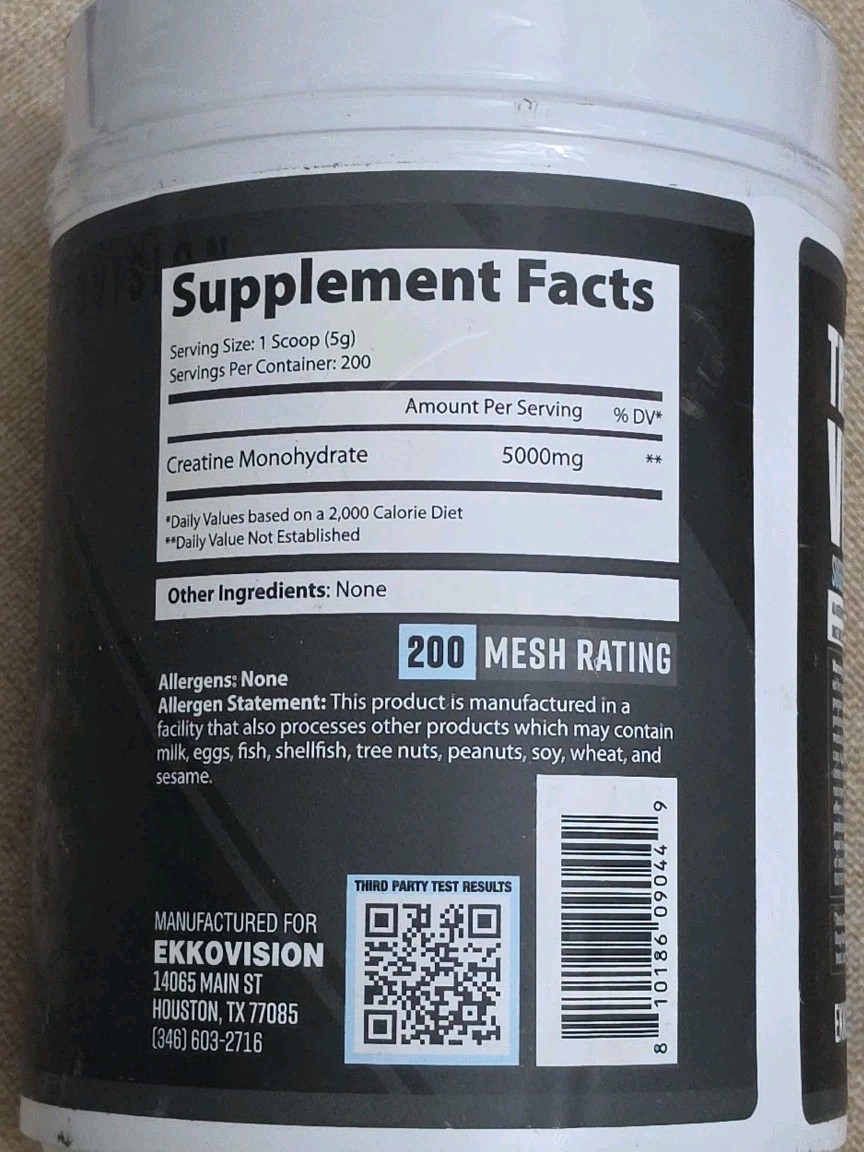 Ekkovision Creatine Monohydrate Powder Micronized Unflavored, 200 Servings