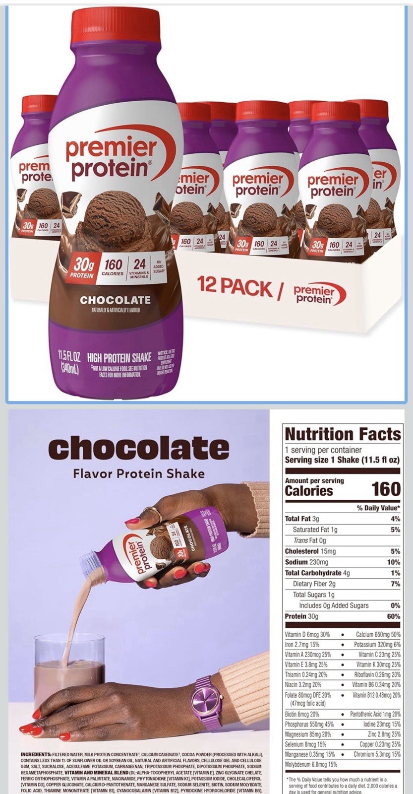 Premier Protein Chocolate Shake High Protein Gluten-Free No Added Sugar 12 Pack