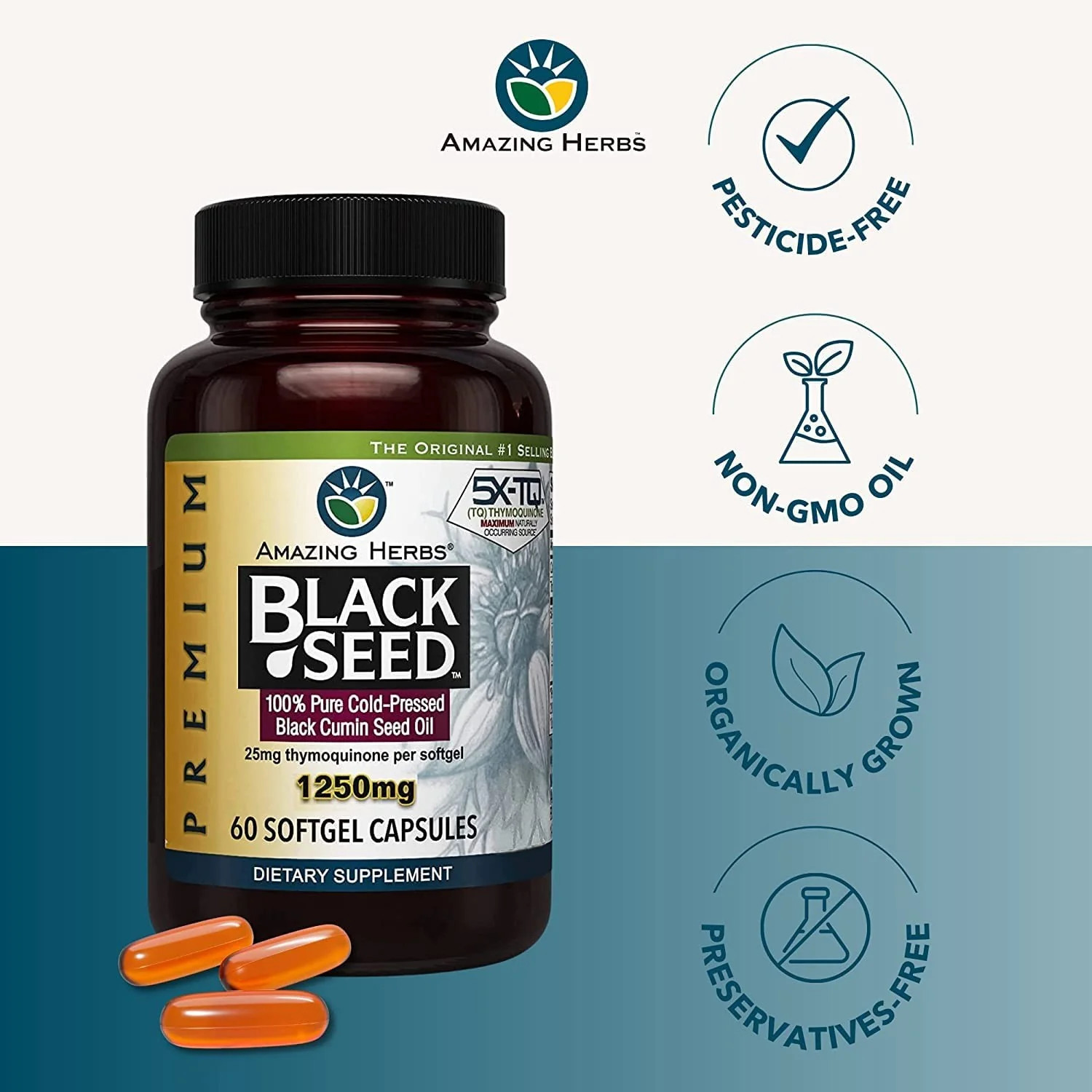 Amazing Herbs Black Seed Oil Softgels – Cold-Pressed Nigella Sativa (Pack of 3)