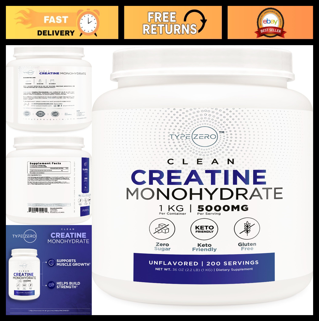 Micronized Creatine Monohydrate 1 KG, Unflavored, 200 Servings, Keto, Gluten-Fre