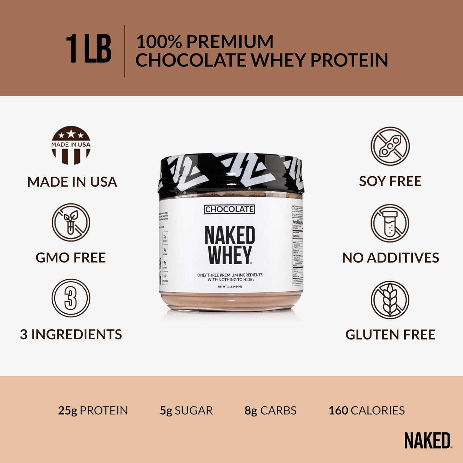 NAKED Chocolate Whey Protein Powder 1Lb | Grass Fed, Organic Cacao, Gluten Free