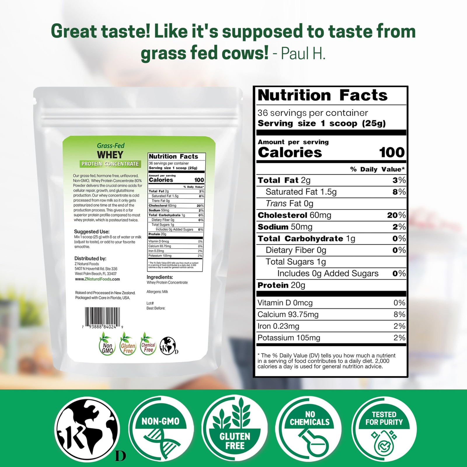 Z Natural Foods Grass-Fed Whey Protein Concentrate – Clean Whey Protein Powde…