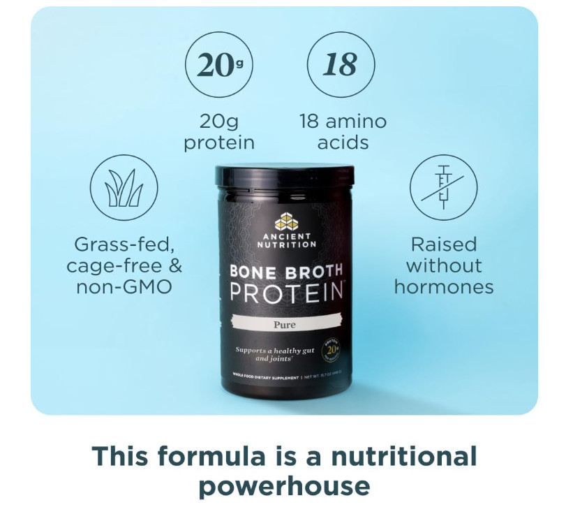 Ancient Nutrition Bone Broth Protein Powder 20g – Pure 40 servings (20 x 2-pack)