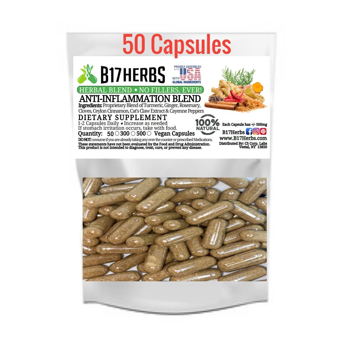 Turmeric Blend w/ Ginger | Cayenne | Clove | Cinnamon | Anti Infla. Blend 50 ct