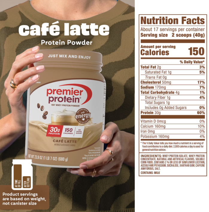 Premier Protein 100% Whey Protein Powder, Café Latte, 30g Protein, 23.9 oz, 1.5l