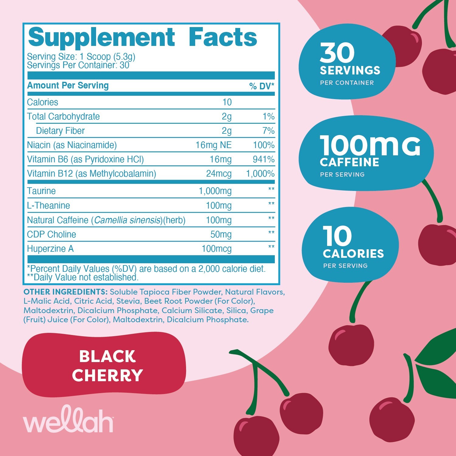 Wellah Perfect Pick-Me-Up (Black Cherry) 30 Servings – Energy Boost Drink Mix