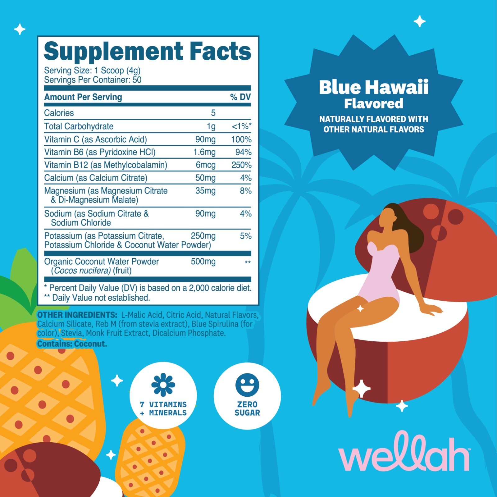 Wellah Electrolytes Powder (Blue Hawaii) 50 Servings – Hydration Drink Mix