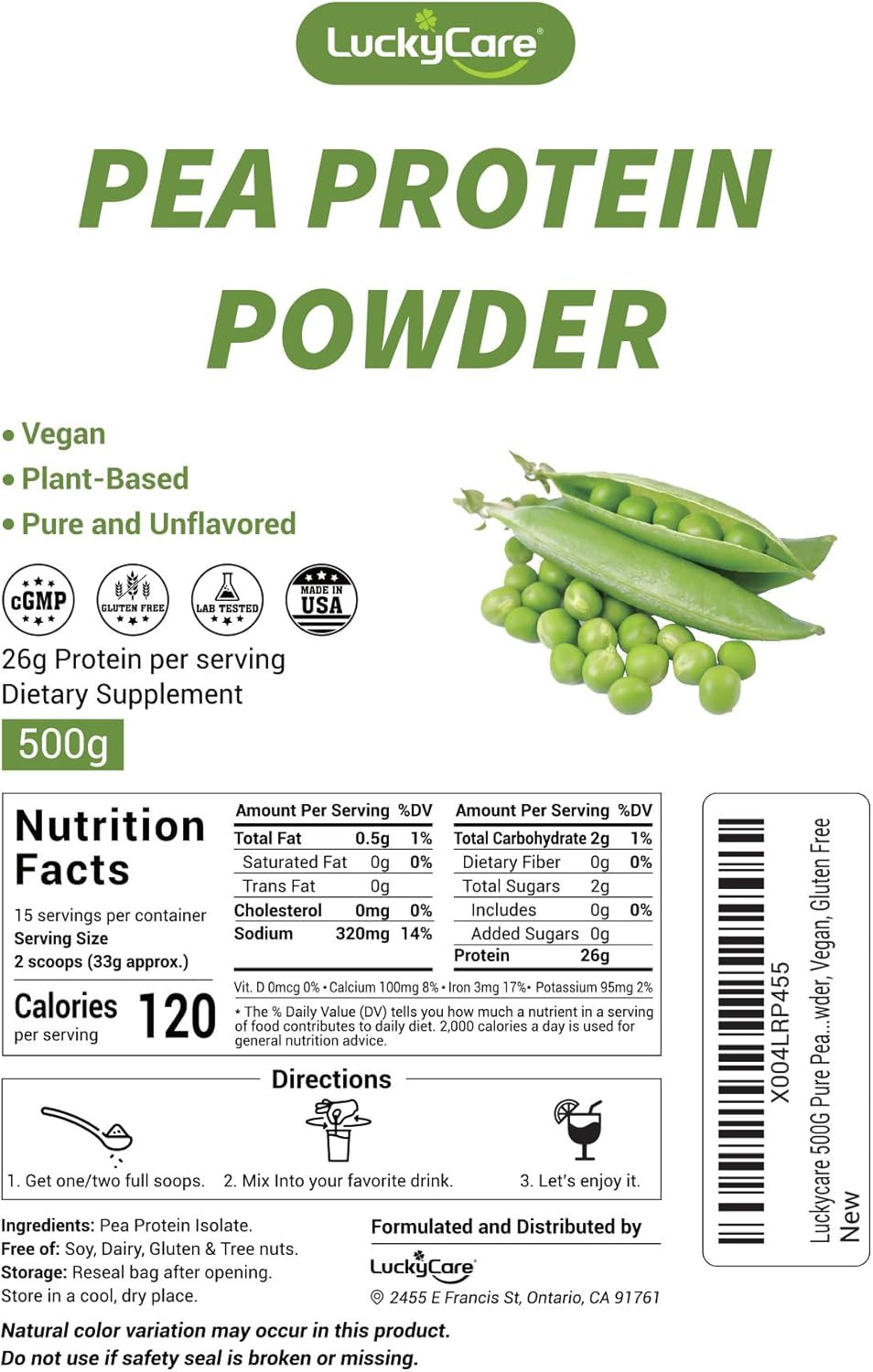 Pea Protein Powder Unflavored Vegan Plant Protein 1.1lb