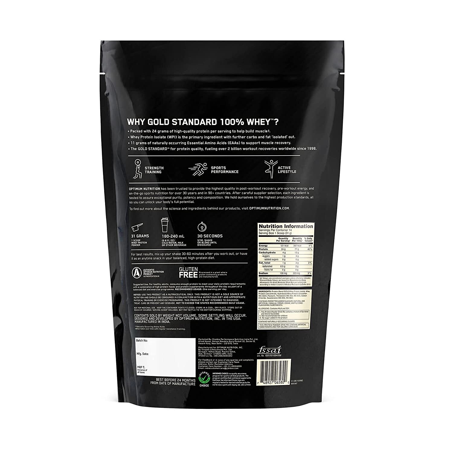 Optimum Nutrition (ON) Gold Standard 100% Whey Protein Powder 1 lbs, 454 g