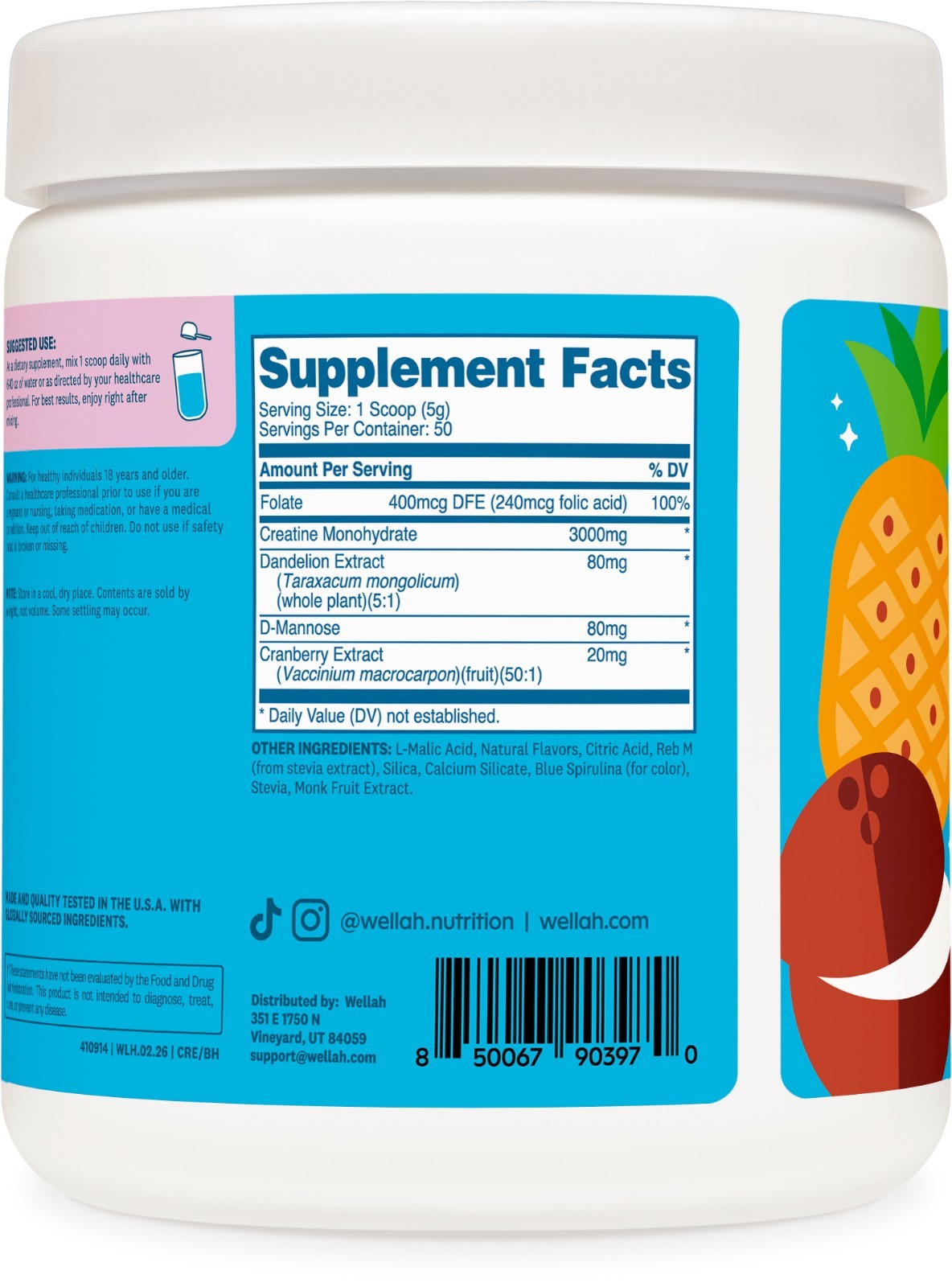Wellah Creatine for Women (50 Servings) Blue Hawaii – 3g of Creatine Monohydrate