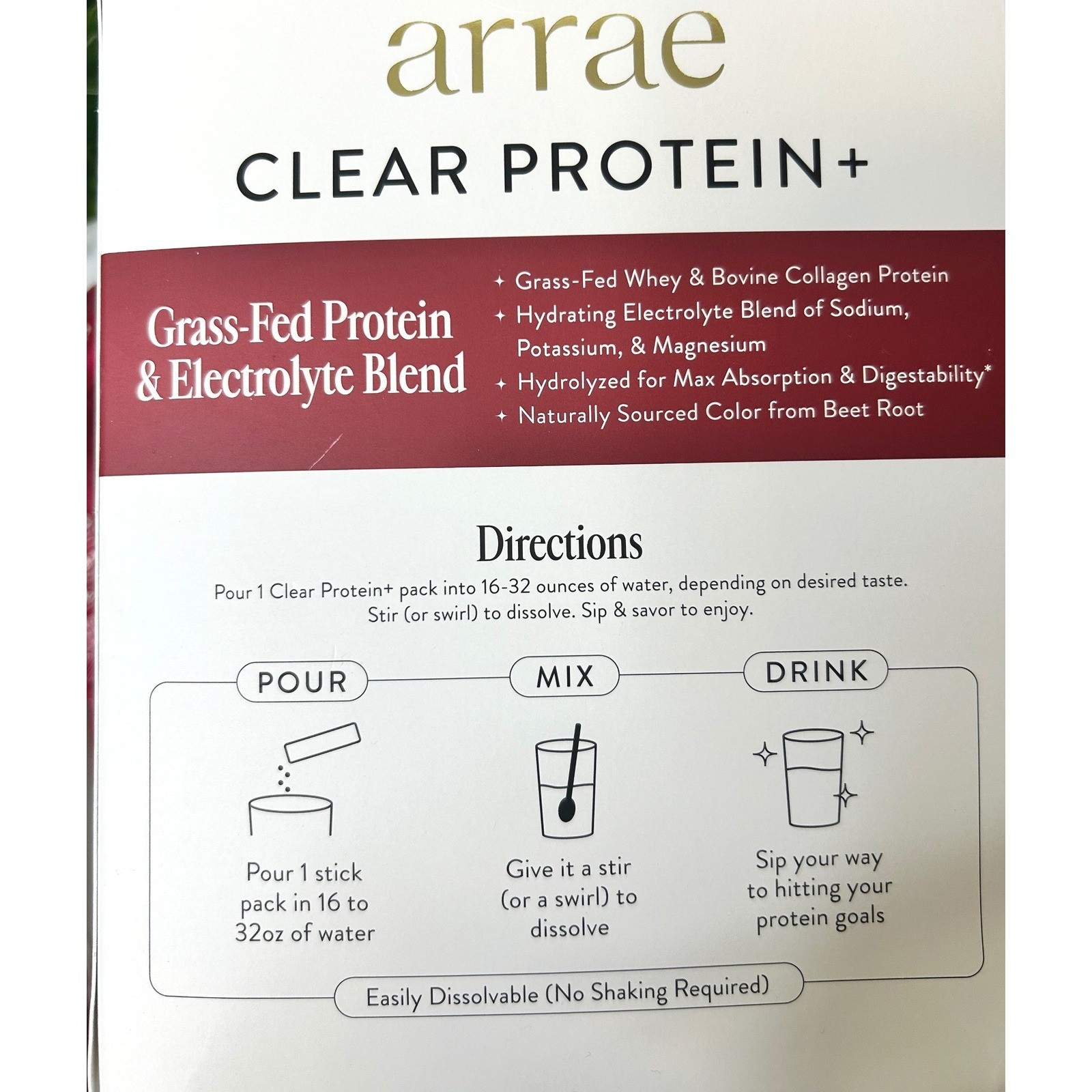 Arrae Clear Protein+ Raspberry Yuzu 19 Stick Packs New Grass-Fed Electrolytes