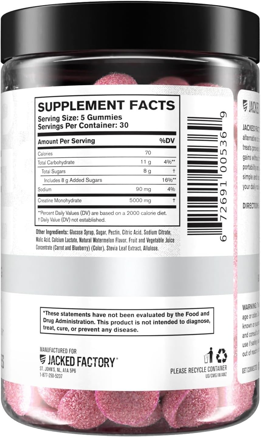 Jacked Factory Creatine Gummies 5g Daily Dose Watermelon 150 Vegan Gummies