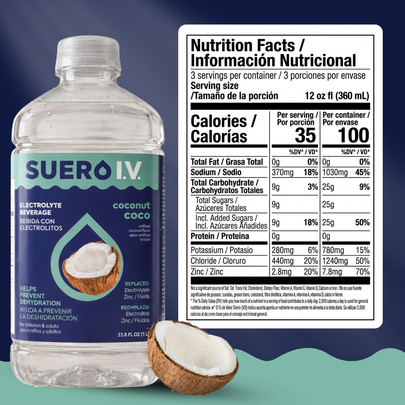 Suero I.V. Electrolyte Drink, Coconut Flavor 33.8 fl oz – Hydrate (3-Pack)