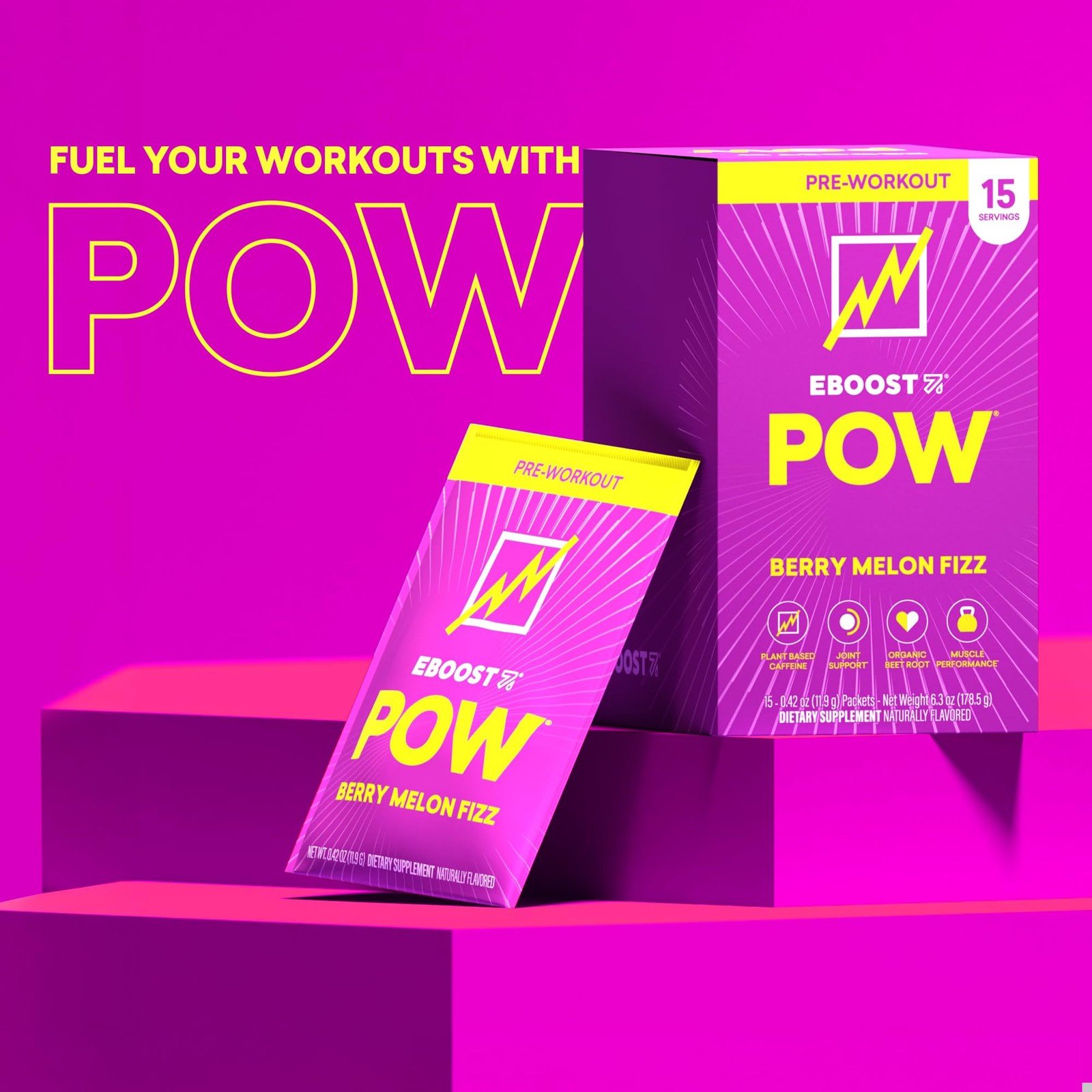 Eboost Pow Natural Pre Workout Powder – 15 Packets Berry Melon Fizz –