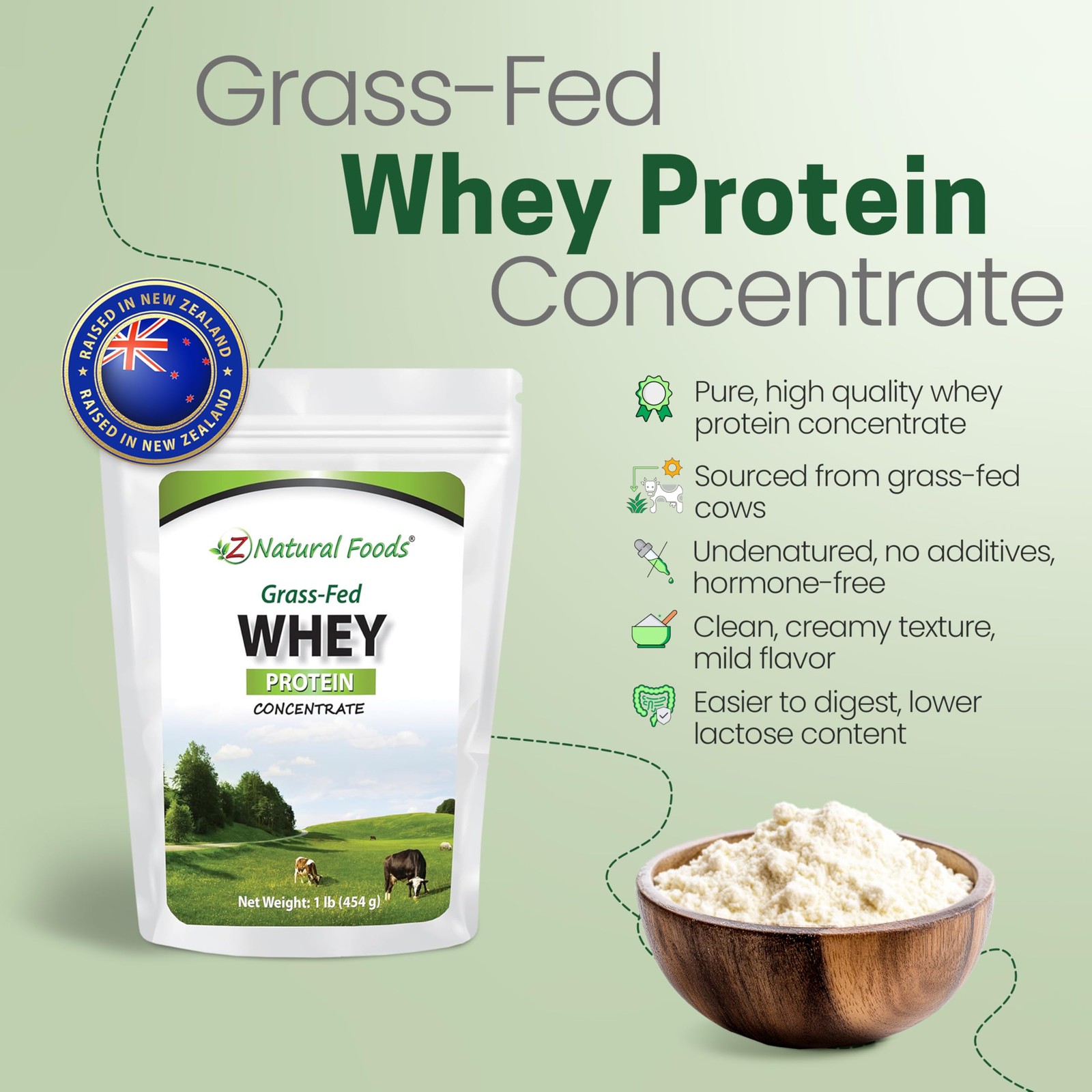 Z Natural Foods Grass-Fed Whey Protein Concentrate 1lb Pure Cold Processed Unfla