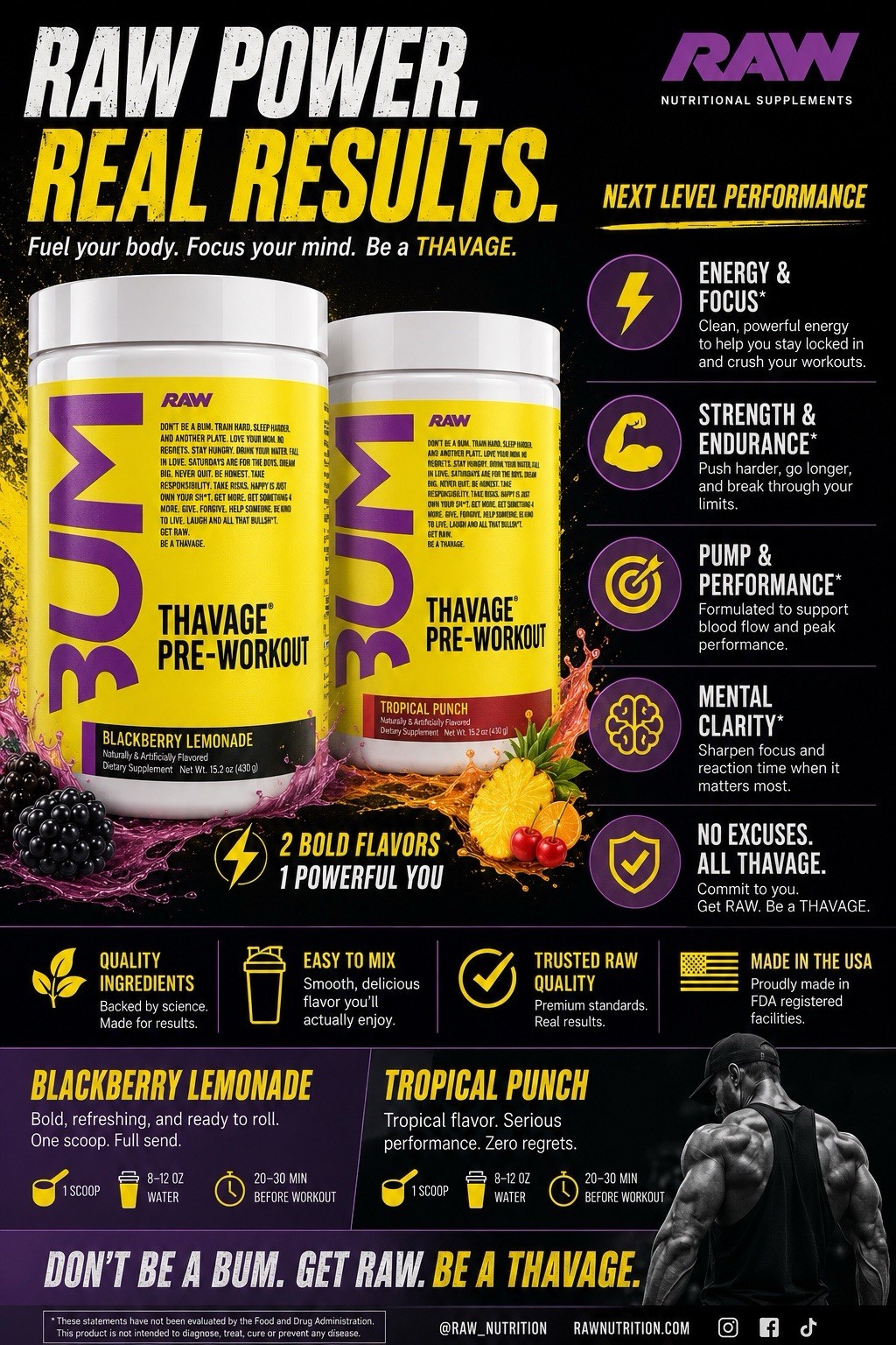 Raw X Bum Thavage Pre-Workout Blackberry Lemonade 390g Sealed Exp 6/27 Lot Of 2