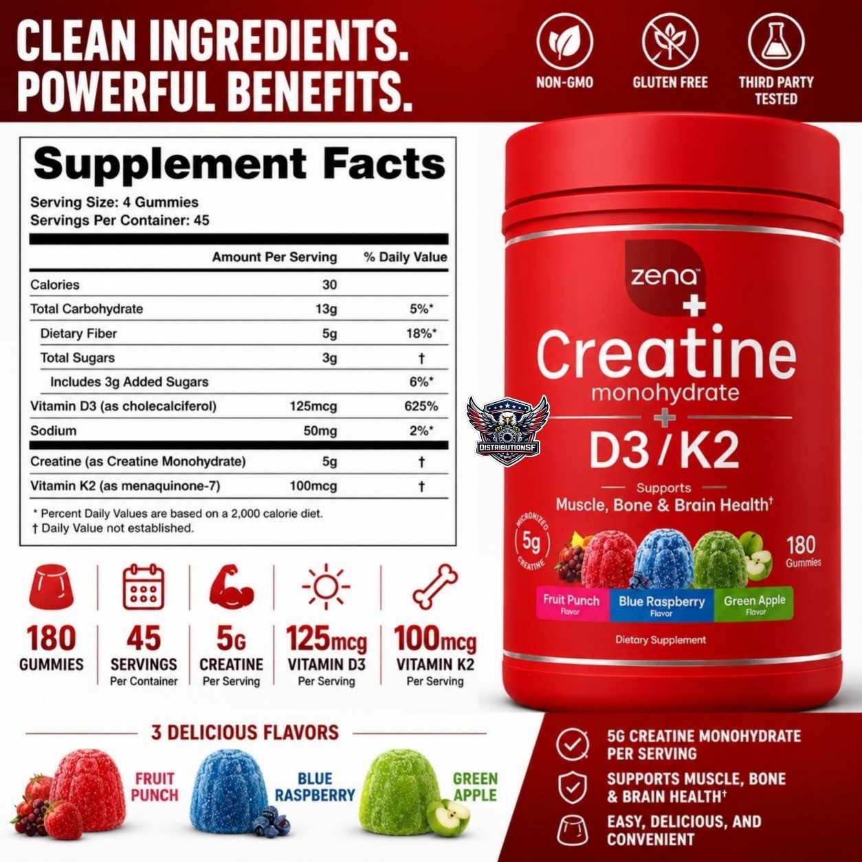 Zena Creatine Monohydrate Gummies + Vitamin D3 K2 180 Gummies 5g Creatine