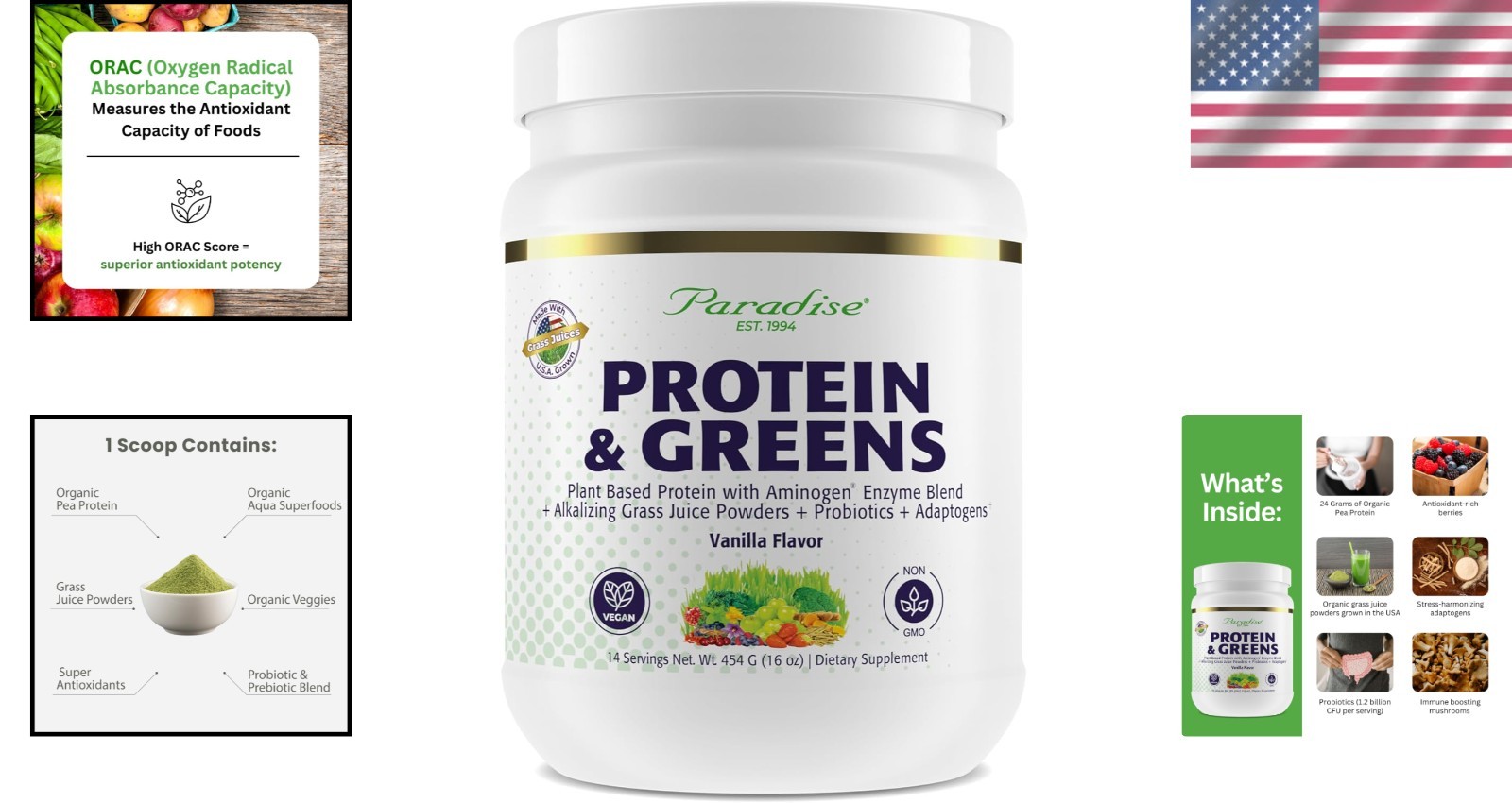 Organic ORAC Protein & Greens Powder – Vanilla Flavor, 20g Protein, 14 Servings