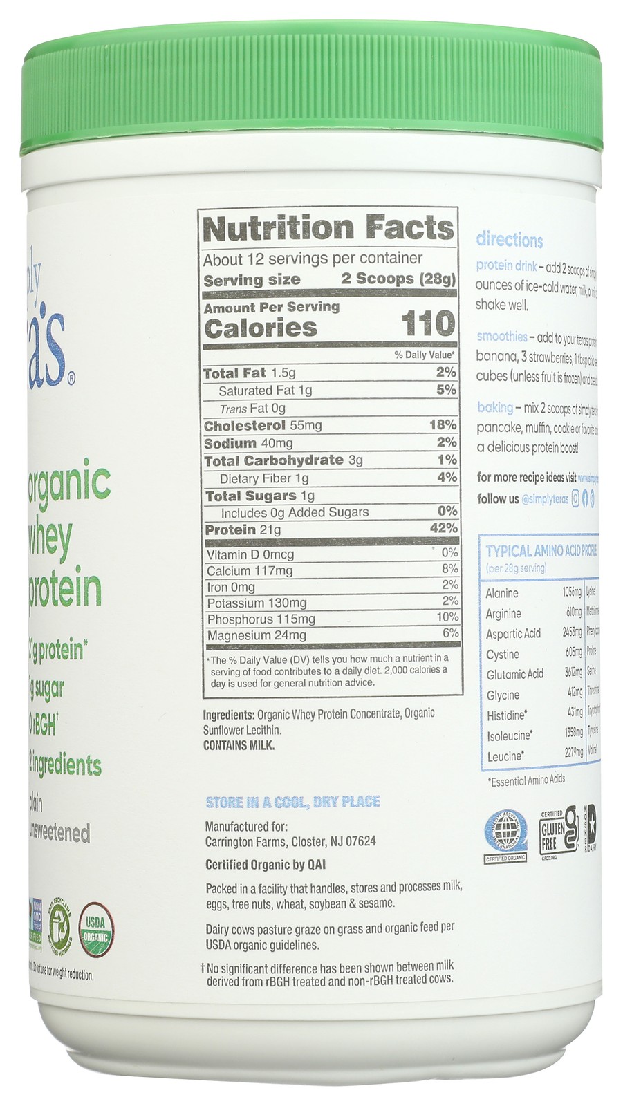 Simply Tera’S Organic Plain Unsweetened Whey Protein 12 Oz 1 Pack
