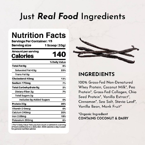 Just Ingredients Vanilla Bean Protein Mix – 17.5oz – 15 servings Non-Caffeinated
