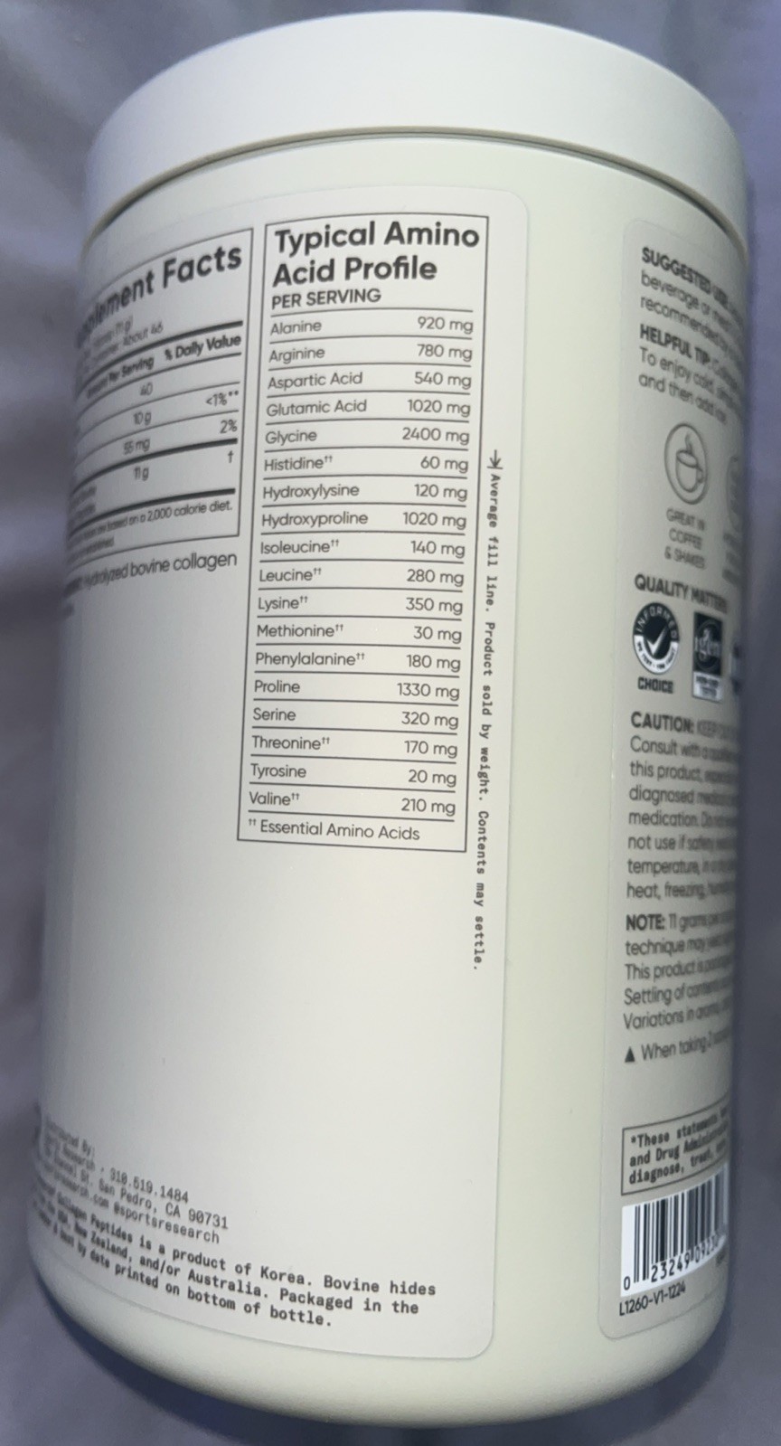 SPORTS RESEARCH HYDROLYZED COLLAGEN PEPTIDES GLUTEN FREE 18 OZ 1.12 LB 510 GRAMS