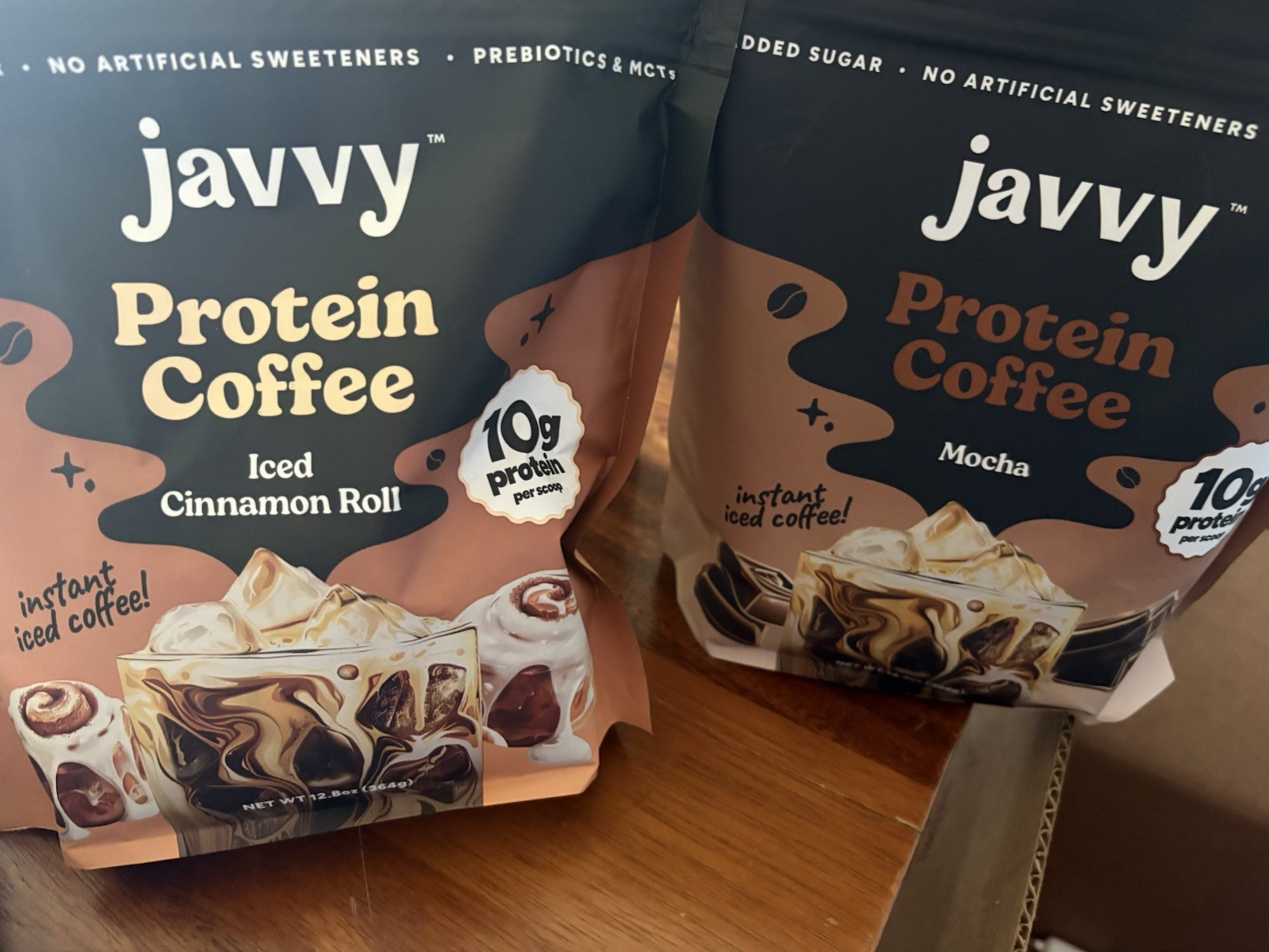 4 packs of Javvy Instant Protein Coffee. 2 Mocha And 2 Iced Cinnamon Roll