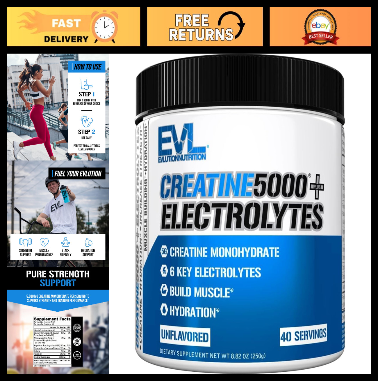 Creatine Powder with Electrolytes – 40 Servings, Unflavored, Muscle Recovery & H