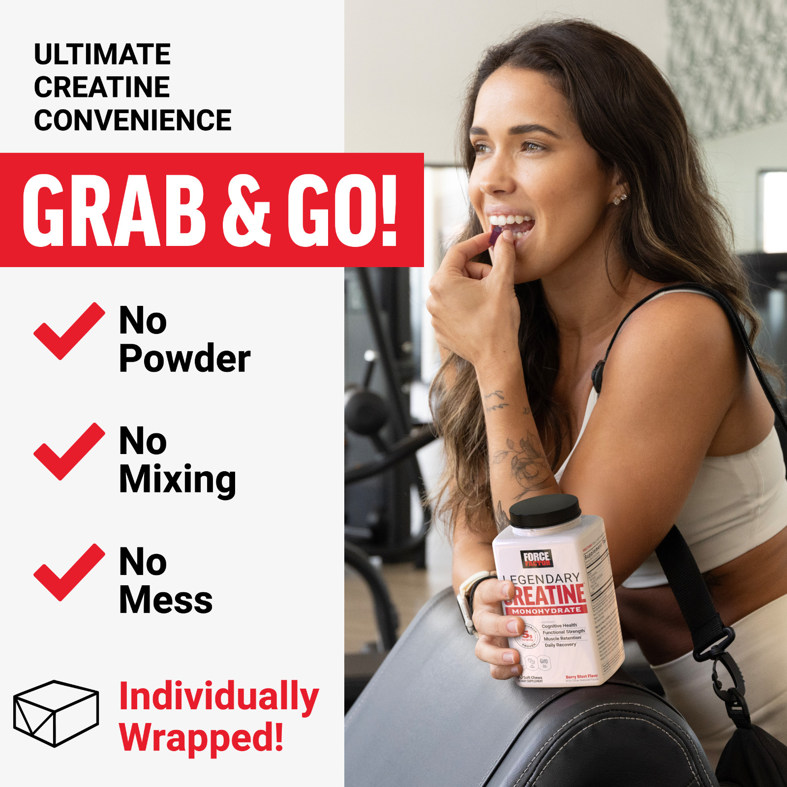 Force Factor Legendary Creatine Chews 5g Monohydrate Muscle Strength 60 Ct