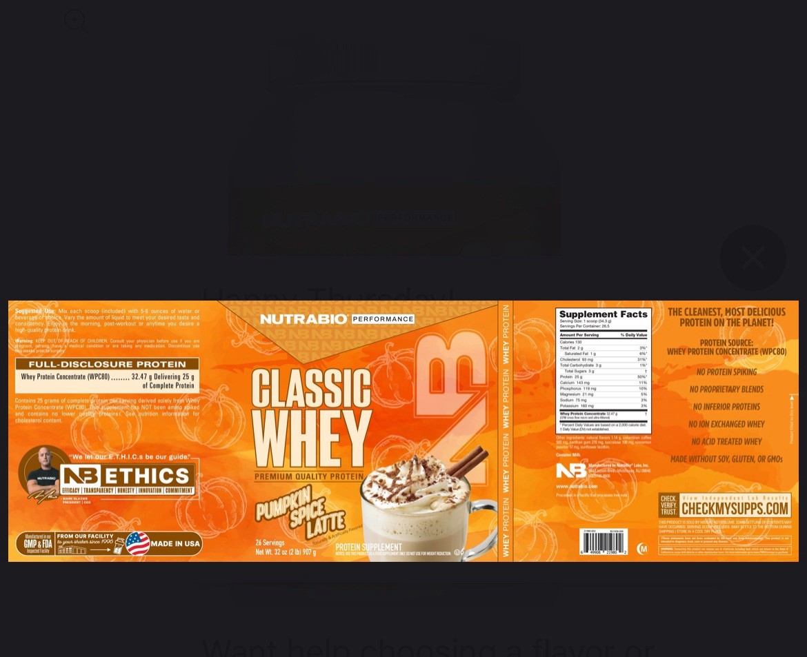 NutraBio Classic Whey Protein Powder Pumpkin Spice Latte 907g WPC80 Gluten-Free